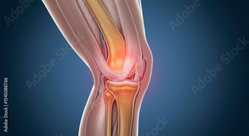 3D anatomical illustration highlighting knee joint pain, showcasing bone, muscle, and ligament structures