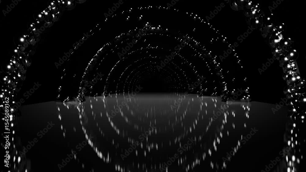endless forward movement inside a dark tunnel of rotating rings with glowing spheres. 3d render looped animation