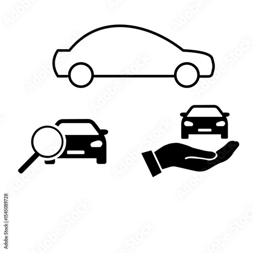 Car service and dealership icon set – minimal vector of car search, loan, and handover concept