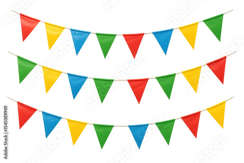Colorful triangular bunting flags strung together, creating cheerful party decor with transparent background, ideal for festive design projects
