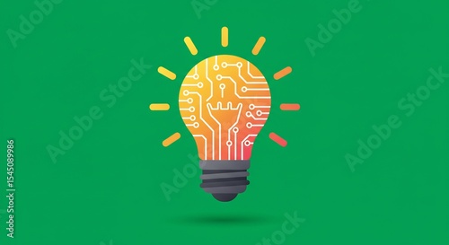 Illuminated Circuit Lightbulb on Green Background