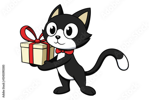 Cartoon black and white cat is happily carrying a wrapped gift box with red ribbon