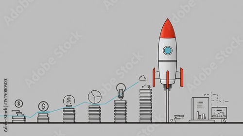 Flat startup growth chart innovation pipeline key performance milestones and funding phase visuals in clean tech style