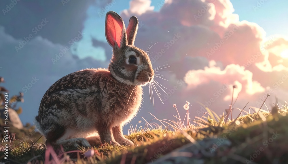 Fototapeta premium A brown rabbit stands atop a grassy hill as the sun rises, painting the clouds with golden light.
