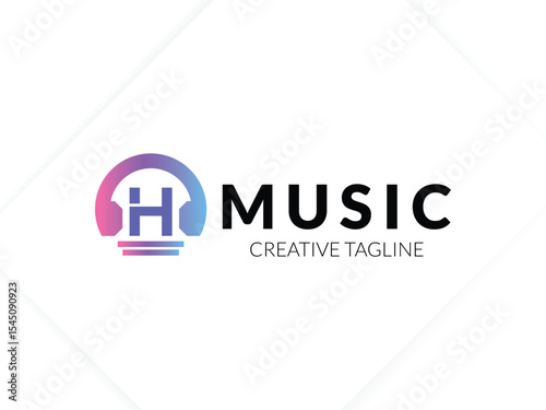Letter H gradient music logo with headphone for your brand