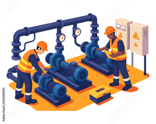 Industrial Pump System Maintenance Workers Inspecting Equipment and Pipes in a Facility