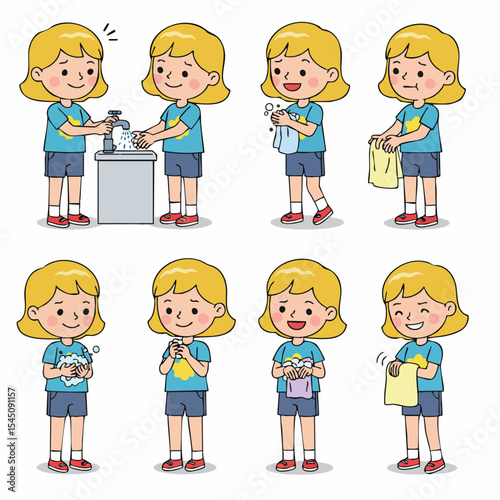 Hygiene Steps: A cheerful illustration guides through the essential steps for effective handwashing, promoting health and cleanliness for a better world.