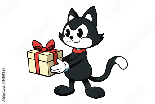 Black cartoon feline happily carries a beautiful gift wrapped in ribbon for a special occasion