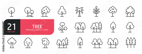 Set of line icons related to tree, plants, nature, forest. Outline icons collection. Editable stroke. Vector illustration