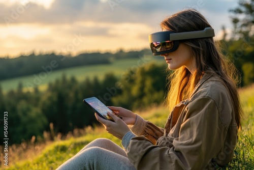Young woman wearing VR headset uses smartphone outdoors in a scenic landscape during sunset.
