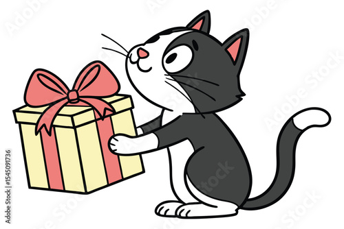 A black and white cartoon cat is holding a gift box in its paws