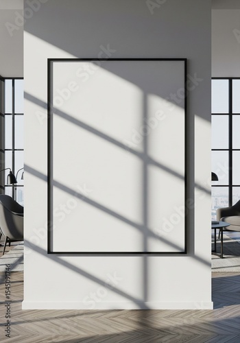 Blank poster mockup on clean white wall in bright modern office interior with large windows and cityscape view in background for advertising concept. 3D Rendering 