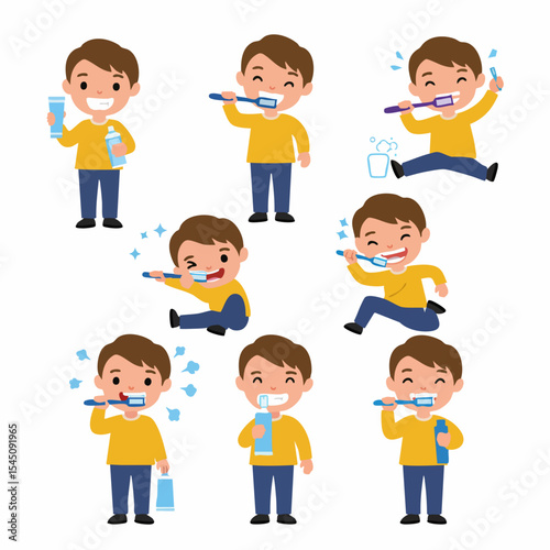 Brush time: A colorful illustration depicts a young boy enthusiastically engaged in the essential activity of oral hygiene with a toothbrush and toothpaste