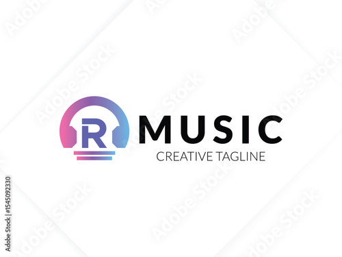 Letter R gradient music logo with headphone for your brand