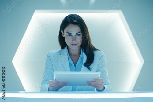 A woman in a white lab coat uses a tablet in a futuristic, bright setting.
