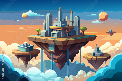 Floating city above the clouds, built on platforms anchored by gravity cores