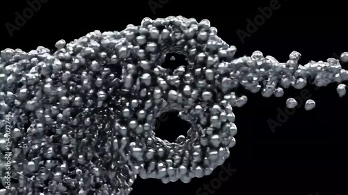 Abstract number eight forming from and dispersing into small metallic spheres on a black background, digital animation.