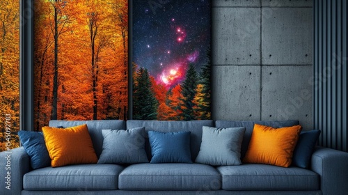 Autumn Forest Night Sky Print In Modern Living Room