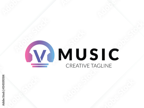 Letter V gradient music logo with headphone for your brand