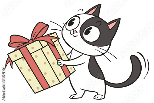 Adorable monochrome cartoon cat holds a present wrapped with stripes and dots