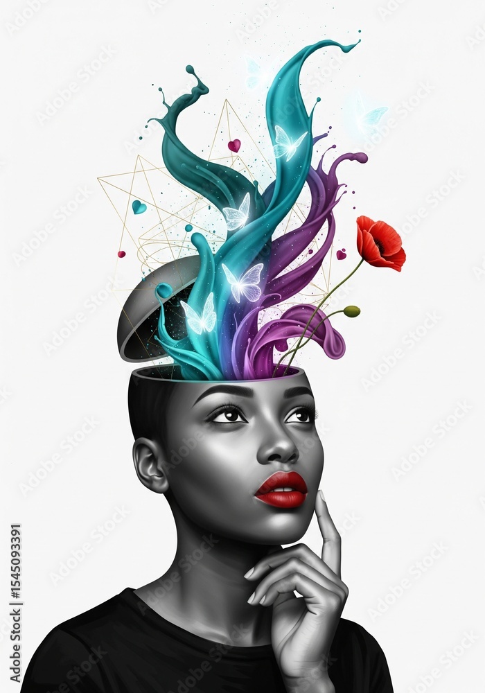 Fototapeta premium Woman inand white with red lips on white background, colorful abstract shapes and light bulb elements above head, symbolizing creative thinking 