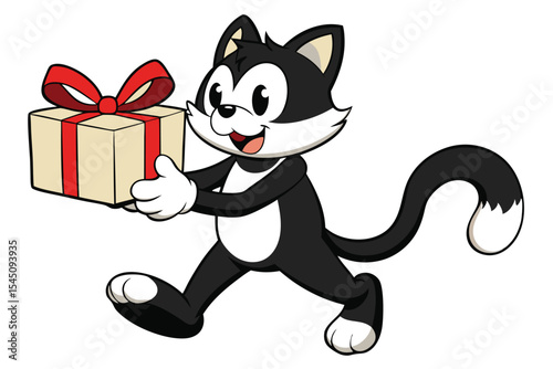 Black and white cartoon cat happily runs while holding a beige gift box tied with red ribbon