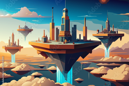 Floating city above the clouds, built on platforms anchored by gravity cores
