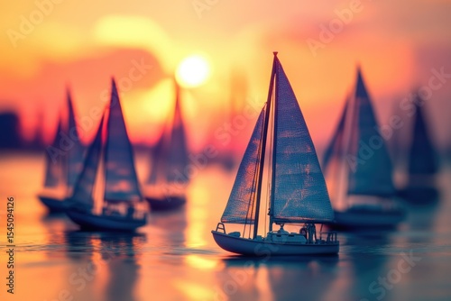 Silhouette of sailboats at sunset, peaceful and serene scene.