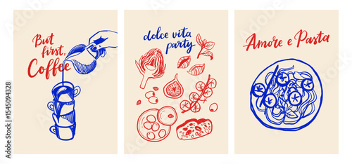 Italian food and coffee retro posters with hand drawn style typography and doodles. Vector set in blue and red ink stamp style.