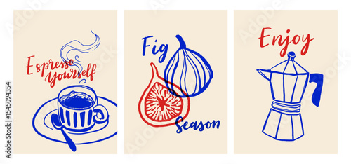 Italian food and coffee retro posters with hand drawn style typography and doodles. Vector set in blue and red ink stamp style.