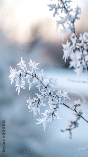 Delicate frost crystals on a winter branch. A beautiful, cold scene.