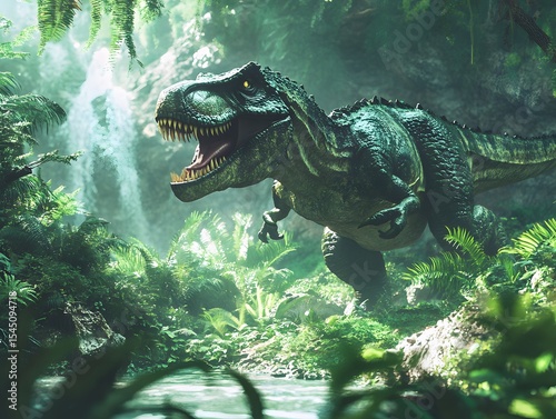 A large reptile in a prehistoric jungle setting near a waterfall and stream.