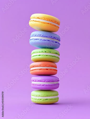 Stack of colorful macarons on purple background. Delicious and sweet treat.