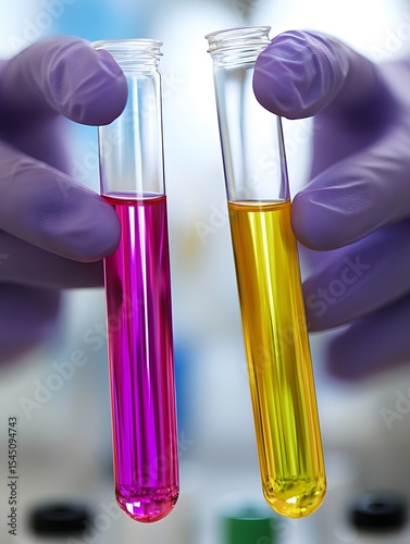 Gloved hands hold two test tubes containing vibrant pink and yellow liquids.