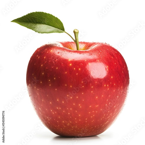 A ripe, red apple with a single leaf and water droplets on its skin.