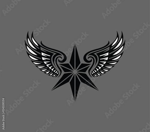 A striking emblem featuring a bold star with intricately detailed wings. This design combines elements of strength and elegance, making it perfect for logos, tattoos, or any creative project that seek