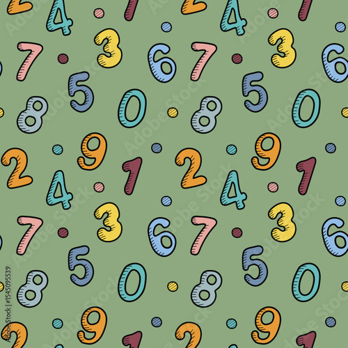 Hand drawn seamless pattern with different numbers 0 to 9 in doodle style. Vector wallpaper for back to school theme or mathematics and wrapping, wallpaper, banners.