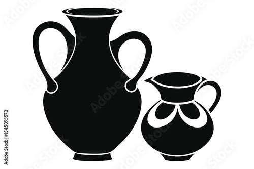 Two Black Silhouetted Pitchers, Varying Sizes, Round and Spouted, with Handles