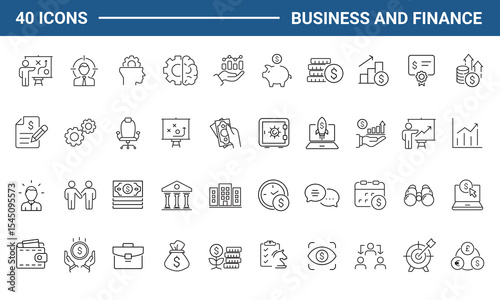 Business and finance set of web icons in line style. Money and business icons for web and mobile app. Money, business process, bank, teamwork, office, payment, management, wallet. Vector illustration