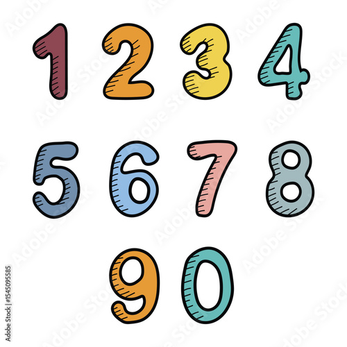 Hand drawn numbers 0 to 9. Cute doodle font with colorful numerals. Funny counting for kids, vector set with black outline. For back to school theme, library, wrapping, birthday, banner, mathematics