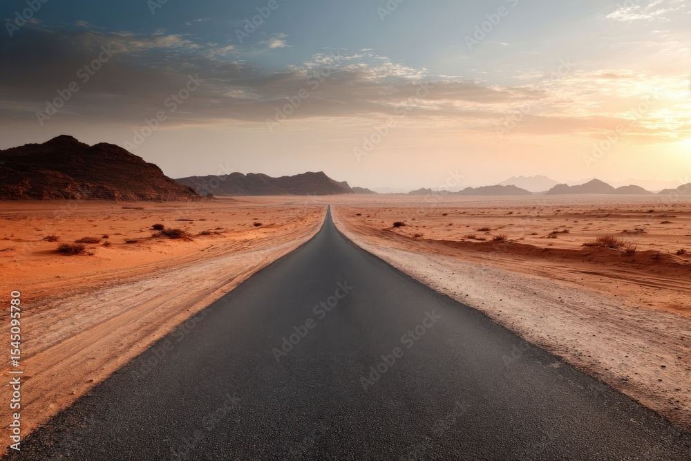 Fototapeta premium Long desert highway crossing wadi rum at sunset