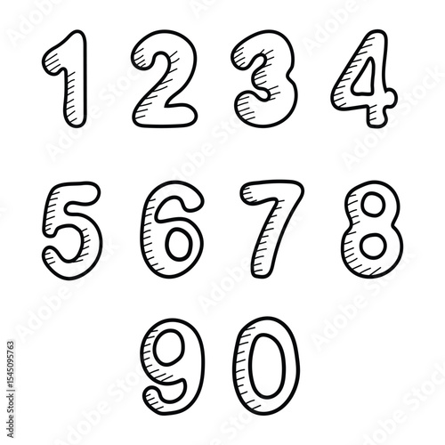 Hand drawn numbers 0 to 9. Cute doodle font with colorful numerals. Funny counting for kids, vector set with black outline. For back to school theme, library, wrapping, birthday, banner, mathematics