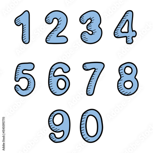 Hand drawn numbers 0 to 9. Cute doodle font with colorful numerals. Funny counting for kids, vector set with black outline. For back to school theme, library, wrapping, birthday, banner, mathematics