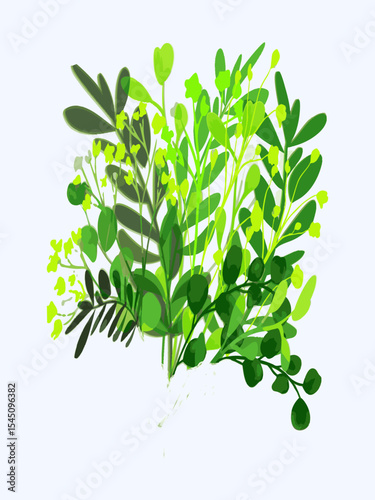  Lush Green Botanical Vector Illustration of Leafy Plants. Artistic Botanical Clipart of Leaf Sprigs and Stems. Decorative Plant Elements in Bright Green Tones