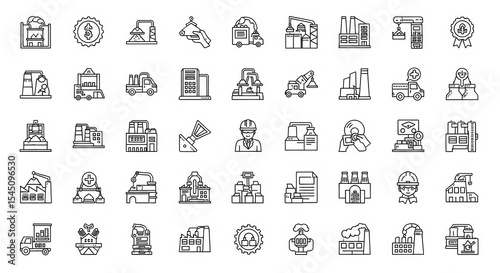 Line art icon set depicting various industry and manufacturing related symbols and elements in black and white