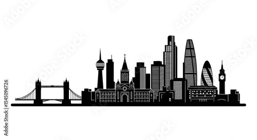Black silhouette of london cityscape with tower bridge and various buildings on a white background