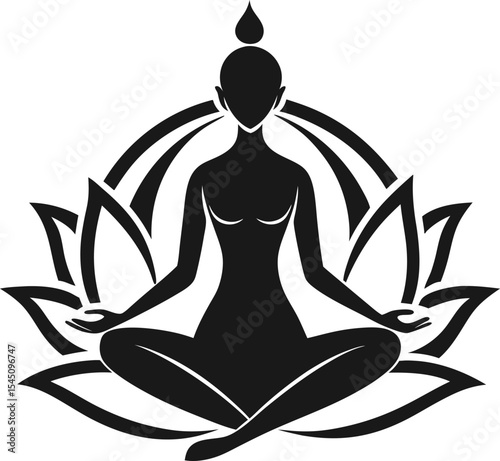 Woman meditating lotus silhouette isolated on transparent background