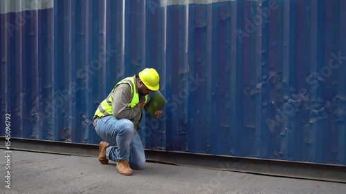 indian container worker suffers heat stroke or heart attack caucasian colleague woman helping co worker in Container Terminal Accident at workplace Safety in industrial factory.