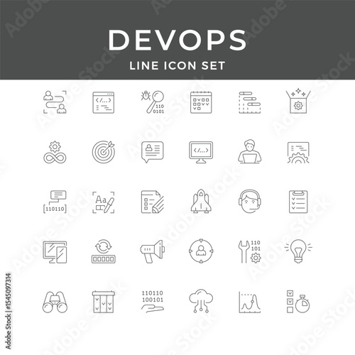 DevOps Line Icon Set – Coding, Automation, Cloud, Deployment, Monitoring, Agile, Tools, Minimal Vector Collection