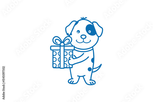 Cartoon dog with one spot over his eye holds a polkadotted gift box